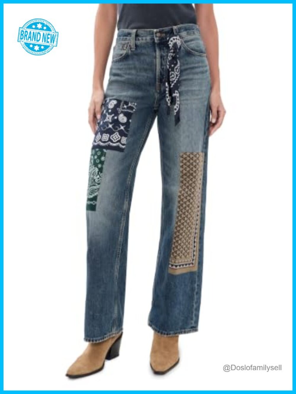 Low-Slung Baggy Patchwork Jeans Mid Rise Straight Leg Denim